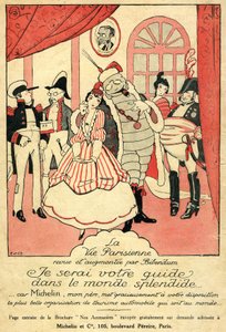 Recall 1914 para o pneu Michelin. La Vie Parisienne revista e aumentada por Bibendum: "Serei o vosso guia no mundo esplêndido, porque Michelin, meu pai, vos dá a mais bela organização de turismo automóvel do mundo". Na parede, uma moldura com de French School
