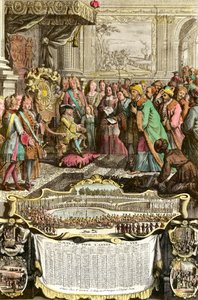 Receção de Mehemet Effendi, embaixador turco do grande Sultão Achmet, por Luís XV, em 21 de março de 1721, nas Tulherias. Gravura do século XVIII. Coleção particular. de French School