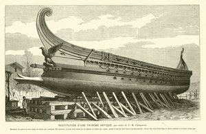 Reconstrução de um antigo trireme romano (gravura) de French School