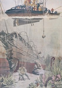 Recuperação do tesouro do naufrágio do Oceana, ilustração do Le Petit Journal, 1912 de French School