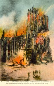 Reims, Catedral ardida pelos alemães em 19 de Setembro de 1914 (cor litho) de French School