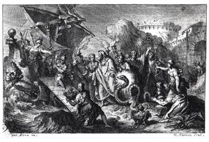 Reencarnação de Asclepios como uma cobra no momento da chegada de seu culto em Roma da Grécia em 293 aC de French School