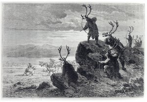 Caça às renas na idade da pedra, ilustração de LHomme Primitif, de Louis Figuier (1819-94), publicada por Hachette, 1870 de French School