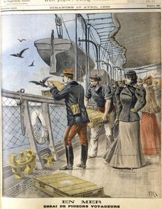 Libertação de pombos-correio do exército francês a bordo do transatlântico La Bretagne entre Le Havre e Nova Iorque de French School