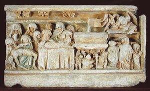 Relevo retratando cenas da paixão de Cristo: Pieta, o sepultamento e as mulheres sagradas no túmulo de French School