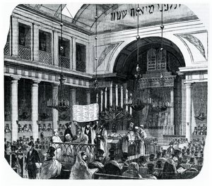 Cerimônia religiosa na antiga sinagoga de Paris para Rosh Hashaná, ilustração de Le Tableau de Paris por Edmond Texier, publicada em Paris, 1852 de French School