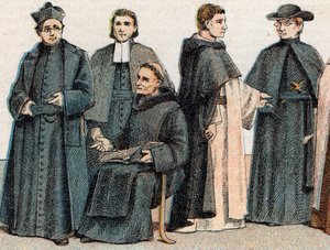 Figurinos religiosos: da esquerda para a direita, retrato de um jesuíta, de um pai Marista (Marcelino Champagnat), de um monge beneditino, de um monge dominicano e de um Oblato - Gravura - Figurinos religiosos: da esquerda para a direita, retrato de um jes de French School