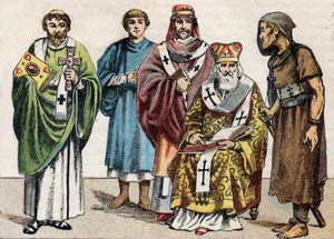 Fatos religiosos em Antiquite: de g a d retrato de um diácono bizantino, um padre cristão do primeiro século, um eveque do século V, um patriarca bizantino e um anacoreta - Gravura - Fatos religiosos na antiguidade: da esquerda para r de French School