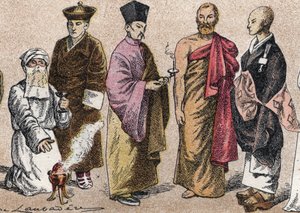 Figurinos religiosos da Ásia: de g a d retrato de um padre Parsi (parse ou seguidor do parsismo), Lama (mestre espiritual tibetano), padre budista chinês, Ceylon bonze e padre budista japonês - Gravura - Figurinos religiosos na Ásia: da esquerda para a dir de French School