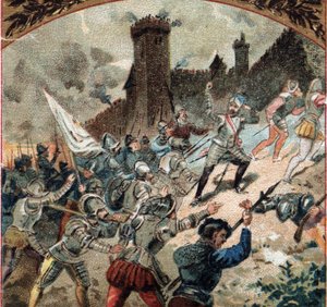 Guerras religiosas: os huguenotes tomaram o castelo de Dampierre em 1567. Cromolitografia do final do século XIX de French School