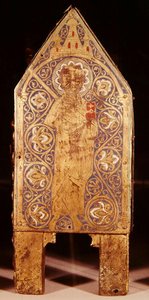 Peitoral relíquia de São Calminius, detalhe de São Paulo com espada e livro, Limoges (cobre e esmalte de châpleve) de French School