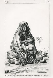 Rene Caille ponderando sobre o Alcorão e tomando notas, do Journal dun voyage a Tombouctou de Rene Caillie (1799-1838), 1830