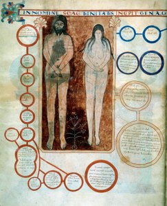 Representação de Adão e Eva, os medalhões vermelhos representam a linha de Caim, destruída pela Miniatura do Dilúvio ilustrando os comentários de "O Apocalipse segundo São João" escritos em 775 pelo monge Beato de Liebana de French School