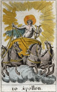 Representação de Apolo, deus do canto, da música e da poesia, na sua carruagem (Apolo, deus da luz, da música, da poesia). Da "Mitologia da Juventude" de Pierre Blanchard 1803. de French School