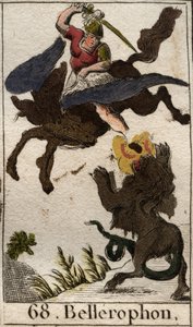 Representação de Bellerophon, montando Pegase, matando o chimere (representação de Bellerophon, em Pegasus, lançando a Quimera). Da "Mitologia da Juventude", de Pierre Blanchard 1803. de French School