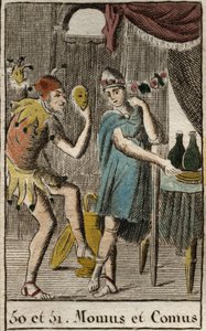 Representação de Comus, divinite dos gourmets e da culinária, preside festas, represente se inclina sobre uma estaca com uma tocha e Momos, personificação da zombaria e do sarcasmo, é representado como um bobo da corte. (Momus a personificação da sátira e  de French School