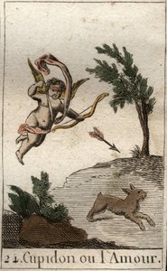 Representação de Cupido, ou Amour, servo de Vênus, como uma criança vendada, desenhando uma flecha (Cupido, deus do Amor, como uma criança vendada, desenhando uma flecha). Da "Mitologia da Juventude", de Pierre Blanchard 1803. de French School
