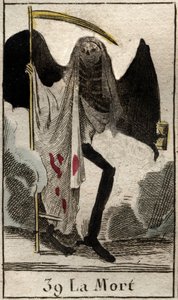 Representação da Morte, esqueleto vestido de preto e asas, ele segura uma grande falsificação. (A Morte, esqueleto alado vestido de preto, segurando uma foice) De "Mythologie de la jeunesse", de Pierre Blanchard 1803. de French School