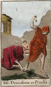 Representação de Deucalion e Pyrrha, os únicos sobreviventes após o dilúvio causado por Zeus para destruir a raça humana. Themis, depois do dilúvio, pede-lhes que andem com a cabeça coberta, atirando atrás deles os ossos de sua mãe (as pedras da Terra) (Re de French School