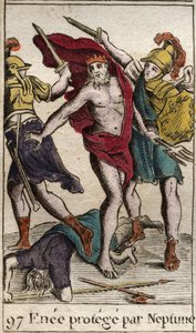 Representação de Enee que, protegido por Netuno, se desvia da luta contra Aquiles. (Representação de Enéas que, protegido por Netuno, se afasta da luta contra Aquiles). Da "Mitologia da Juventude" de Pierre Blanchard 1803. de French School