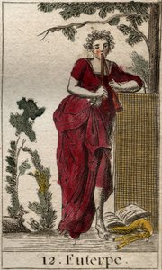 Representação de Euterpe, musa da música, rodeada de livros de música e tocando flauta dupla (aulos) (Euterpe, musa da música, representando segurando uma flauta dupla (aulos)). Da "Mitologia da Juventude", de Pierre Blanchard 1803. de French School