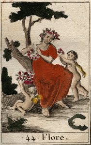Representação da Flora (Flora), deusa das flores. (Flora, deusa das flores e a estação da primavera) De "Mythologie de la jeunesse", de Pierre Blanchard 1803. de French School