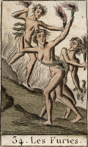 Representação de Fúrias, Tisfone, Megere e Alecton, perseguindo os divinitas, como libertos (As Fúrias, Tisfone, Megaera e Alecto, representadas como mulheres emaciadas). De "Mythology of Youth" de Pierre Blanchard 1803. de French School