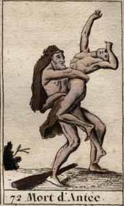 Representação de Hércules Terrassant Ante, Rei da Líbia (Heracles (Hércules) matando Antaeus com um abraço de urso) De "Mythology of Youth", de Pierre Blanchard 1803. de French School