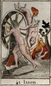 Representação de Ixion, punido pelos deuses, ele está condenado a ser acorrentado a uma roda em chamas que gira sem fim. (Ixion, castigado pelos deuses, está preso a uma roda ardente alada que gira sempre) De "Mythologie de la jeunesse", de Pierre Blanchar de French School
