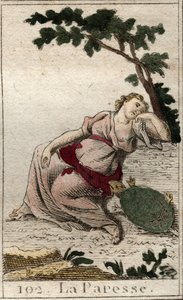 Representação da Preguiça, filha da Noite e do Sono como um jovem com uma tartaruga. Da "Mitologia da Juventude", de Pierre Blanchard 1803. de French School