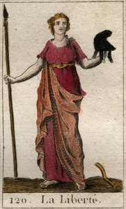 Representação de Liberte como uma mulher segurando um chapéu frígio e uma pá. (A Liberdade como uma mulher jovem, segurando um chapéu frígio e uma lança). De "Mythology of Youth" de Pierre Blanchard 1803. de French School