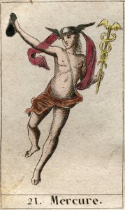 Representação de Mercúrio, deus do comércio, das viagens e mensageiro de outros deuses. Ele segura um caduceu, e usa uma petase (Mercúrio, deus do comércio e mensageiro dos outros deuses, ele segura um caduceu, e usa um petasos). Da "Mitologia da Juventude de French School