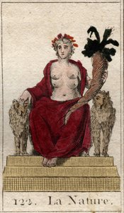 Representação da Natureza como mulher em um trono com um chifre de abundância, com muitos seios para alimentar todos os seres. (A Natureza como uma mulher jovem com uma cornucópia e várias tetas para alimentar todos os seres). Da "Mitologia da Juventude" d de French School
