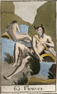 Representação de Rios, homens velhos com barba e cabelo molhado, eles estão sentados perto de urna virada (Representação de Strams, homens velhos com barba e cabelo molhado e, eles estão sentados perto de urna virada). Da "Mitologia da Juventude" de Pierre de French School