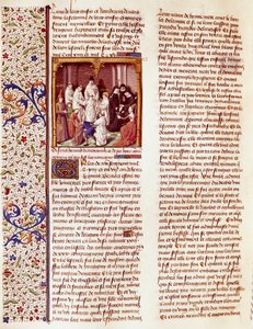 Representação de São Bernardo de Claraval (1090-1153) criança. Está no centro do quadro, com uma auréola sobre a cabeça. Miniatura em "Le miroir historial" (Speculum Historiale) (ms. 1196, fol. 372) de Vincent de Beauva de French School