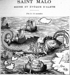 Representação de Saint Malo (Saint Maclou) no dorso de uma baleia representada no caminho de Saint Brendan (Brandan) por Clonfert ou Breanainn por Clonfert (ca. 484-577/578) - gravura de French School