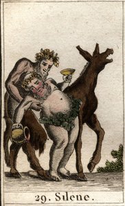 Representação de Silene, companheira de Baco, bêbada, apoiada por um sátiro. (O amigo de Baco Silenus, bêbado, apoiado por um jovem sátiro). Da "Mitologia da Juventude", de Pierre Blanchard 1803. de French School