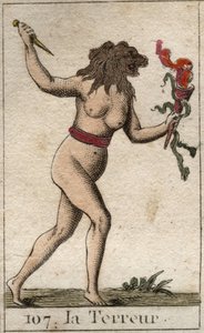 Representação do Terror, como uma mulher com cabeça de leão, segurando uma faca e cobras. Da "Mitologia da Juventude", de Pierre Blanchard 1803. de French School