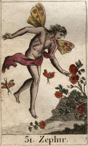 Representação de Zephyr, personificação do vento oeste. (Zephyrus (ou Zephyr) personificação do vento oeste). Da "Mitologia da Juventude", de Pierre Blanchard 1803. de French School