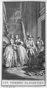 Representação de uma cena da peça "Les femmes savantes" (1672) de Jean Baptiste Poquelin dit Moliere (1622-1673). Gravação a partir de 1740. de French School