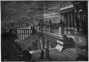 Representação de uma ópera: "Herculanum" sobre um libreto de Joseph Mery (1798-1866) e T. Hadot e uma música de Felicien David (1808-1876). A cidade de Herculanum no momento da sua destruição durante a erupção da Vesúvia (última cena do Acto V). Thea de French School