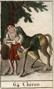 Representação do centauro Chiron, meio homem meio cavalo, mestre do tiro com arco e flecha, ele ensina esta arte em Aquiles. (Representação do centauro Quíron (Cheiron ou Kheiro), meio homem meio cavalo, meio cavalo humano. Ele ensina ao jovem Achille a ar de French School