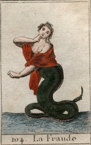 Representação de trapaça (desonestidade), como uma serpente perigosa com uma cabeça de mulher sorridente). De "Mythology of Youth" de Pierre Blanchard 1803. de French School