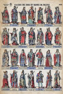 Representação de reis e rainhas de França da dinastia Capetian (de Luís VII a Carlos VIII). Ilustração de finais do século XIX. de French School