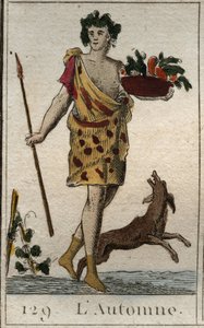 Representação da estação do Outono como Vertumne segurando uma cesta de frutas, com um cão. (O Verão representado como Vertumne segurando uma cesta de frutas com um cachorro). Da "Mitologia da Juventude" de Pierre Blanchard 1803. de French School