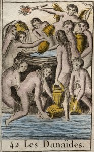 Representação dos Danaides, filhas do Rei Danaos, condenadas ao submundo, enchendo um barril sem fundo, por matarem seus primos e maridos. (Os Danaides, filhas de Danaus (ou Danaos) punidos pelos Deuses no Tártaro para carregar um de French School