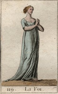 Representação da Fé, mulher vestida de branco com as mãos juntas. (A Fé como uma mulher jovem, vestida de branco, com as mãos unidas). Da "Mitologia da Juventude", de Pierre Blanchard 1803. de French School