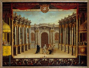 Representação do "Imaginário Malad" de Jean Baptiste Poquelin dit Moliere (1622-1673) no Teatro Minorca, Espanha; vista da cena. Pintura anônima de French School