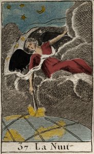 Representação da Noite (Nyx), deusa das Trevas. (Nyx (A Noite), deusa da escuridão). Da "Mitologia da Juventude", de Pierre Blanchard 1803. de French School