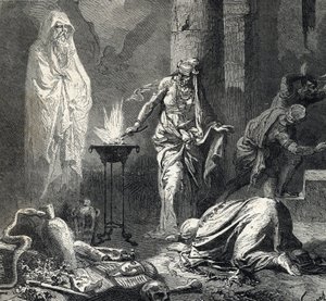 Representação da Bruxa de Endor (ou Pitonisa de Endor), uma aldeia cananéia mencionada no primeiro livro de Samuel (Bíblia) que tem um talismã com o qual ela chama o fantasma do profeta Samuel recentemente decretado, a pedido de Saul, rei de Isr de French School